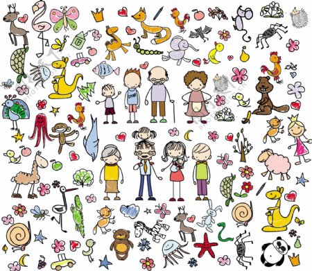 91款手绘人物和动植物矢量图