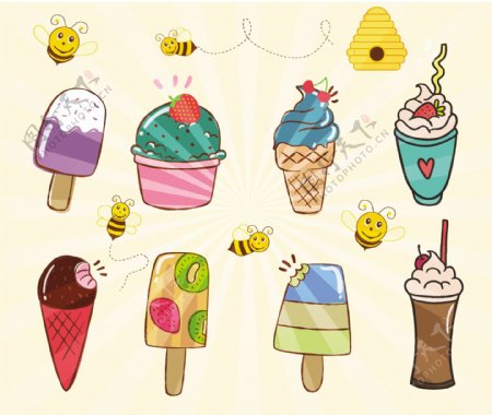 各种冰淇淋收集与蜜蜂自由矢量插图