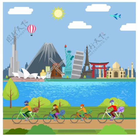 幸福的家庭骑自行车插画