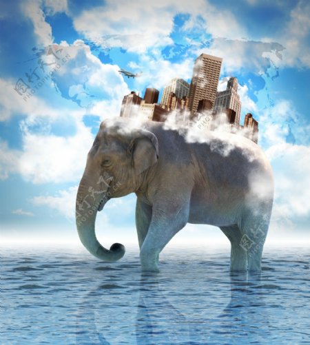 海水中大象背上的城市图片