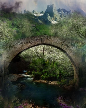 小溪与拱桥风景图片