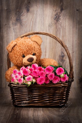 泰迪熊和鲜花图片