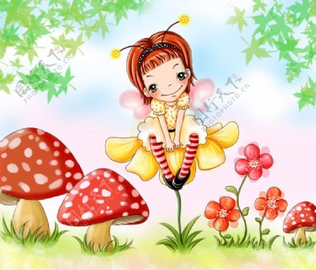 手绘姑娘蘑菇