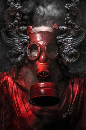 戴红色防毒面具的人物图片