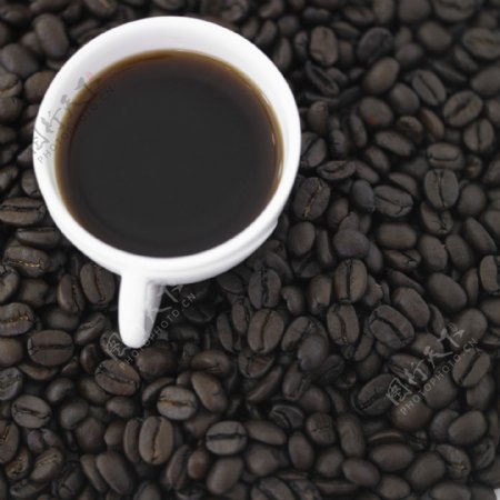 咖啡豆上的咖啡特写图片