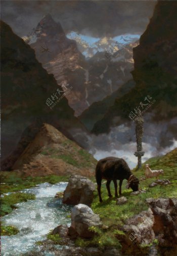 溪边的羊油画图片