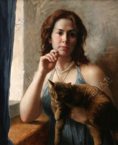 抱着小猫的贵妇油画图片