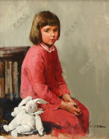 坐在椅子上的小女孩小兔子油画图片