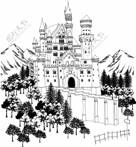 手绘建筑城堡线稿矢量图
