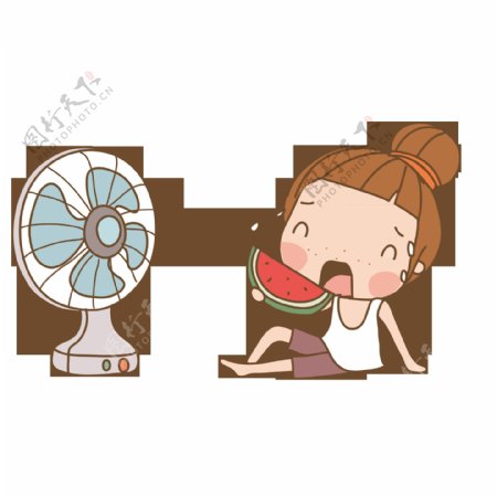卡通女孩吃西瓜吹风扇元素