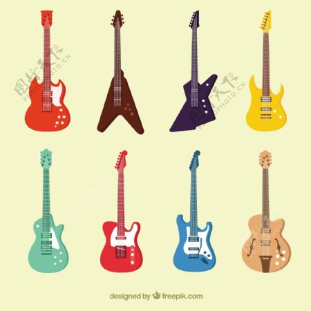 手绘风格各种颜色电吉他图形矢量设计素材