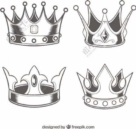 四个写实素描风格皇冠设计素材