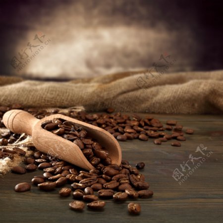 木勺里的咖啡豆图片