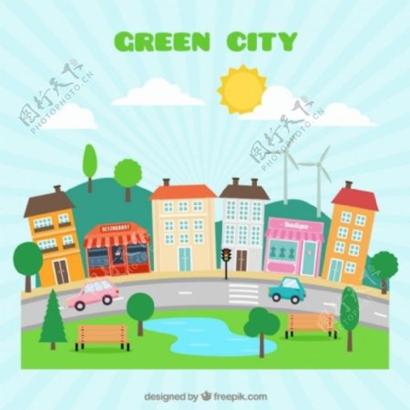 手绘可爱的绿色城市