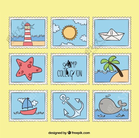 手绘夏季元素邮票