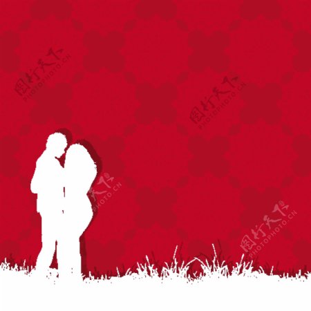 红色背景中一对情侣的剪影