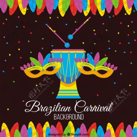 巴西狂欢节背景色彩斑斓的羽毛和面具