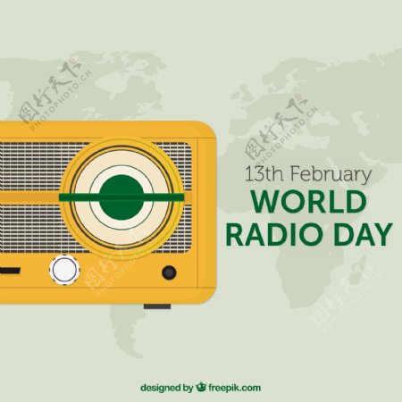 背景黄色老式收音机和世界地图