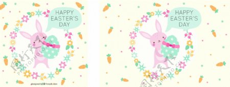可爱的兔子背景与复活节彩蛋和花圈