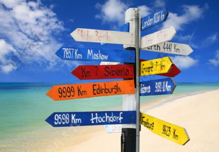 沙滩上的旅游指示牌图片