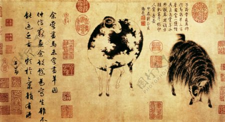 二羊图花鸟画中国古画0114