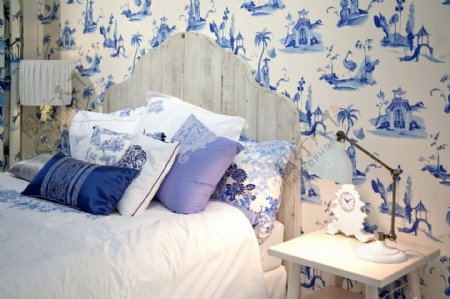 中国风花纹墙纸卧室效果图