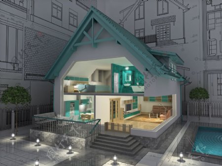 别墅3D效果图与游泳池图片
