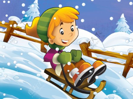 滑雪的儿童插画图片