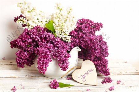 紫色鲜花与爱心贺卡图片