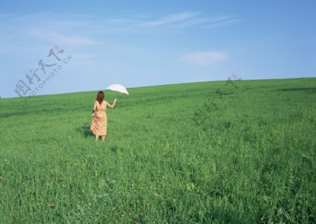 在草地里行走的女人图片