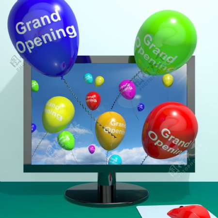 盛大的开幕式气球从计算机显示出新的网上商店推出