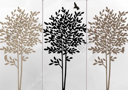 现代简约黑白褐色发财树小鸟简洁背景墙