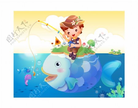 钓鱼的卡通儿童