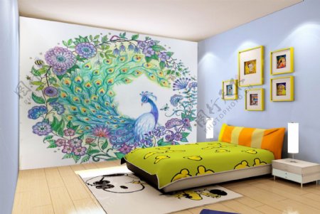 卧室背景墙手绘图案秘密花园图片