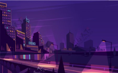 夜晚城市高架桥插画矢量素材