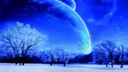 夜晚蓝色雪景图片