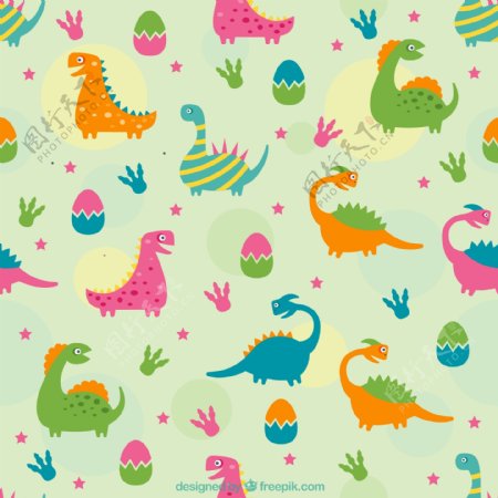 彩色恐龙蛋和恐龙无缝背景矢量