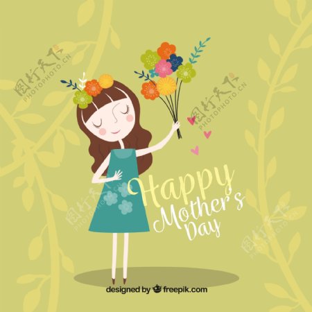 母亲节送花的妇女的绿色背景
