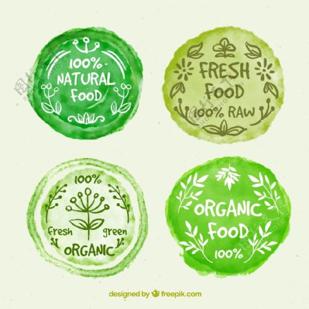 4款绿色水彩绘有机食物徽章矢量素材