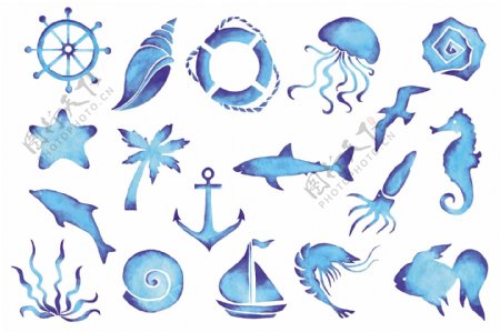 蓝色海洋生物和航海工具图片素材