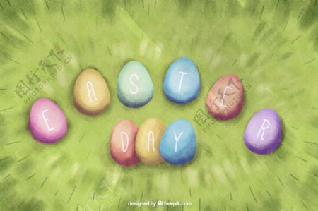 绿色复活节背景与装饰鸡蛋在水彩画风格
