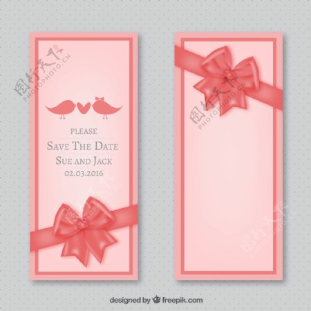 粉色蝴蝶结装饰婚礼卡矢量图图片