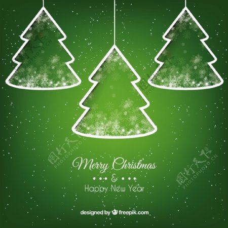 绿色背景的白色圣诞树