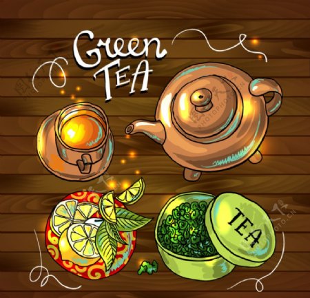 彩绘绿茶插画