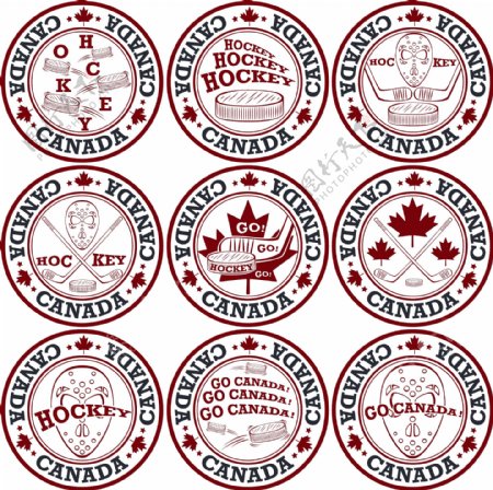 9款加拿大曲棍球标签矢量图