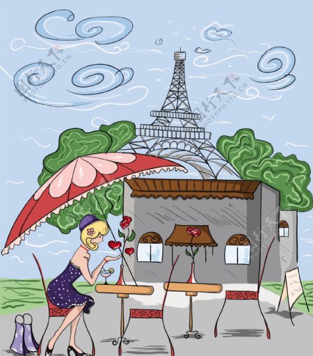 巴黎涂鸦与夫人矢量插画