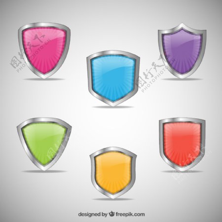 6款彩色质感盾牌矢量素材