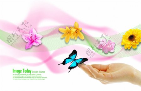 花朵线条与指尖的蝴蝶PSD分层素材
