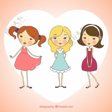 3个卡通穿裙子的女孩矢量素材