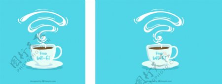 蓝色背景咖啡店与免费无线上网插图